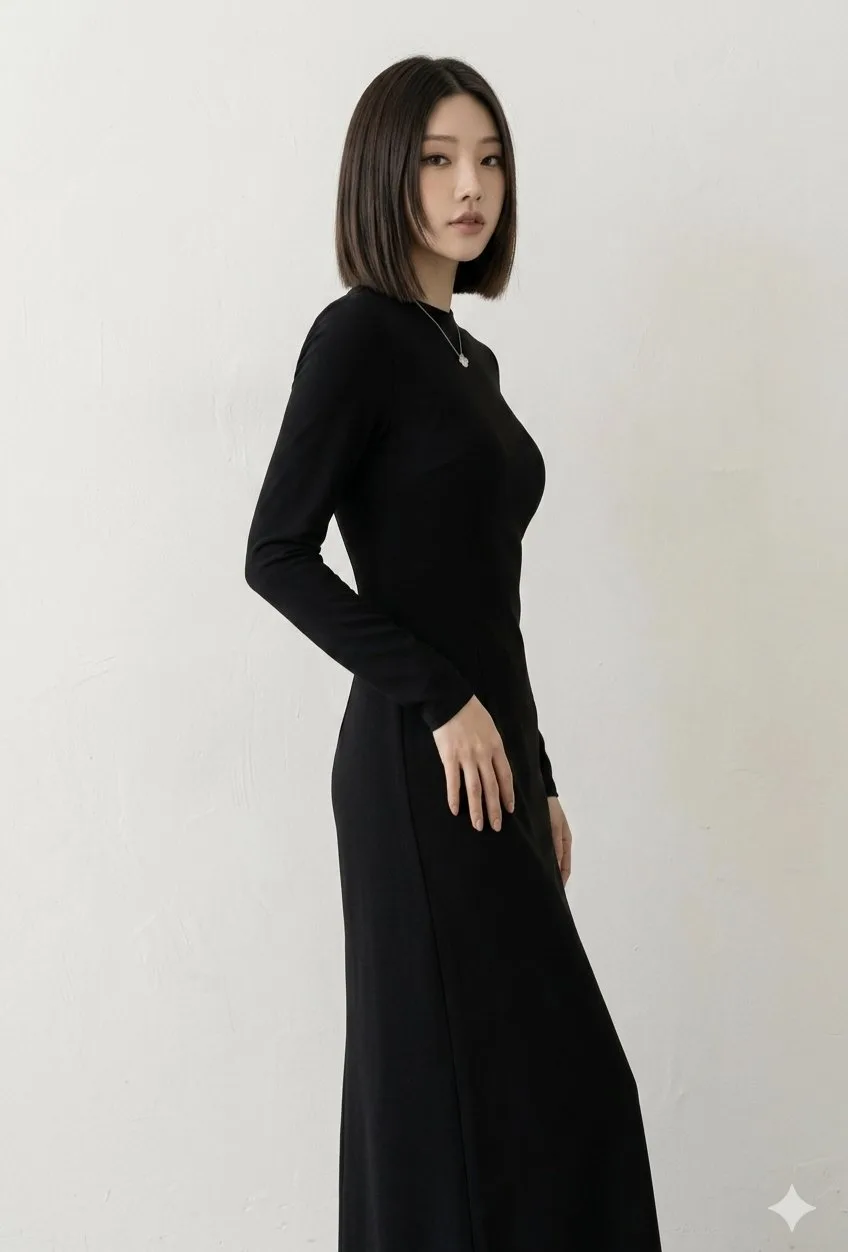 Studio fashion photoshoot east asian woman black maxi dress — After