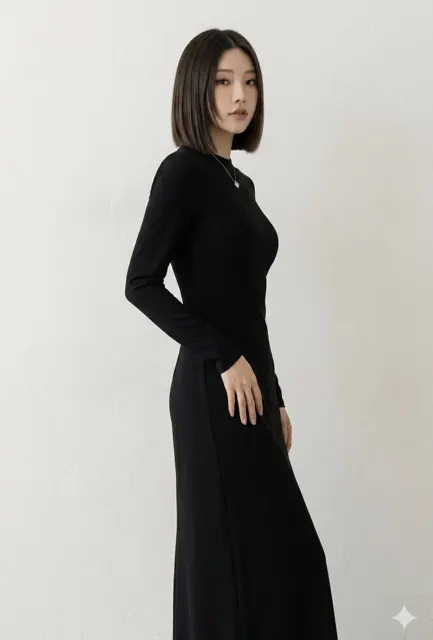 Studio fashion photoshoot east asian woman black maxi dress