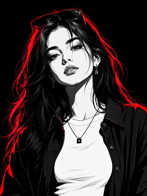 High contrast red neon monochrome vector portrait woman