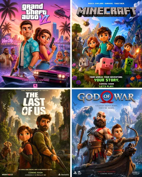 Pixar style video game movie poster