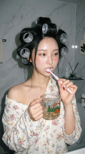 East asian woman morning routine ccd digicam portrait