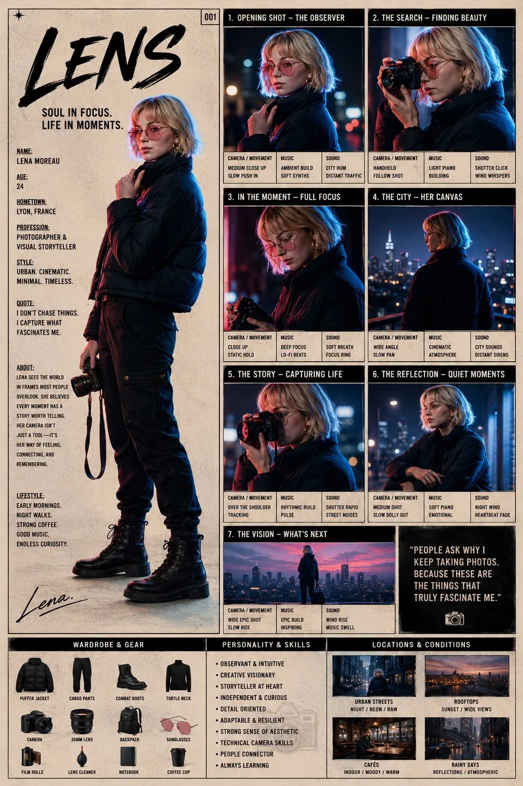 Cinematic storyboard poster editorial character sheet — Sonra