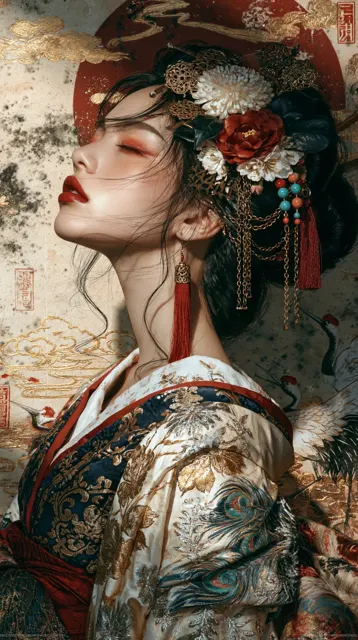Japanese woman kimono ukiyo e hyperrealism portrait