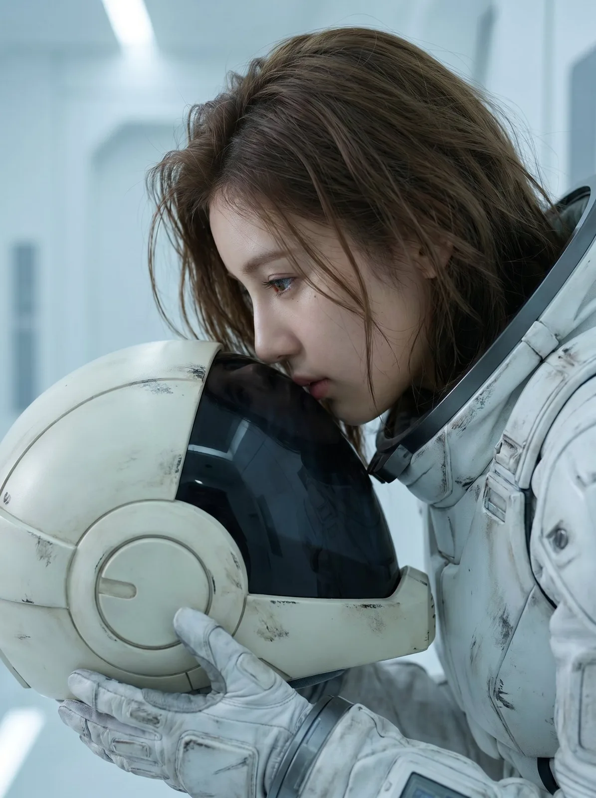 Cinematic woman pilot helmet sci fi — After