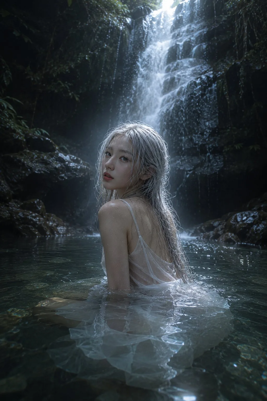 Korean woman forest waterfall silver hair photography — After