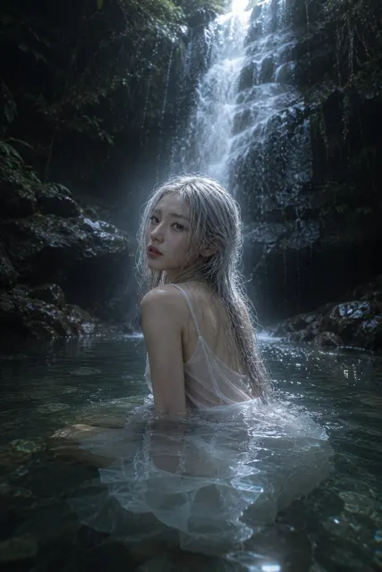 Korean woman forest waterfall silver hair photography