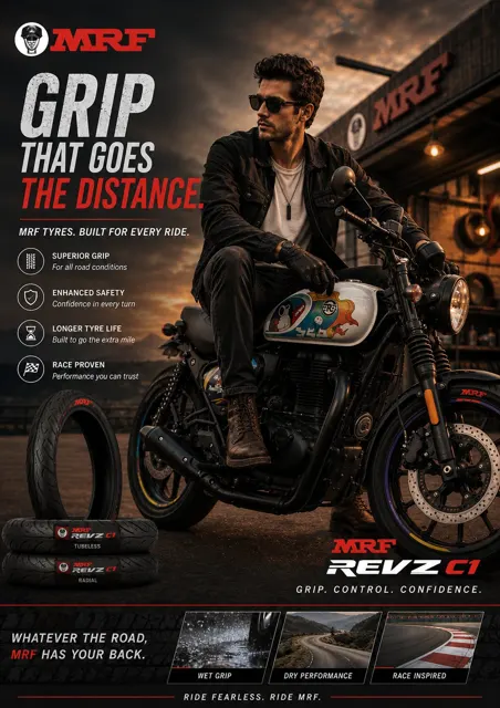 Mrf revz c1 motorcycle tyre commercial poster