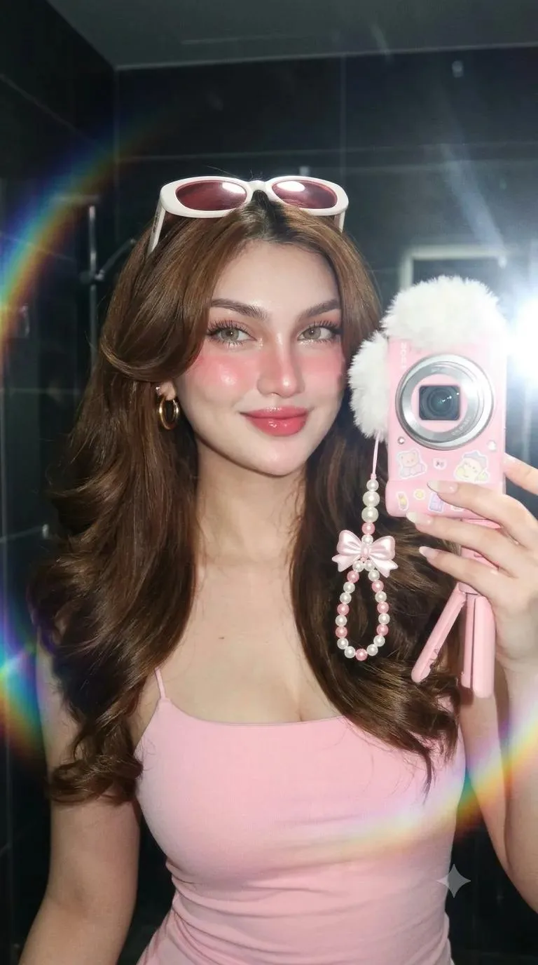 Ultra realistic pink sony camera mirror selfie influencer glam — After