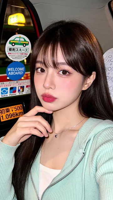 Realistic selfie east asian woman japanese taxi night