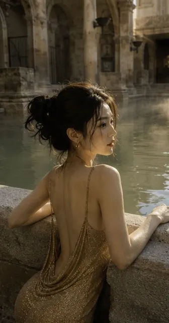 Young east asian woman roman baths gold silk dress cinematic portrait