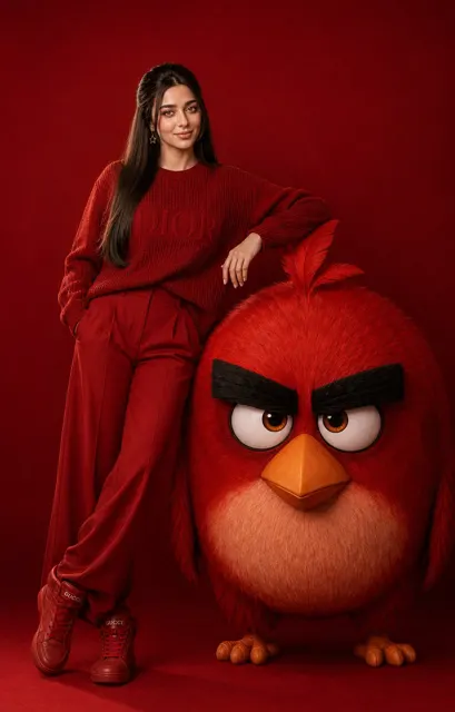Fashion woman and angry birds red monochrome studio