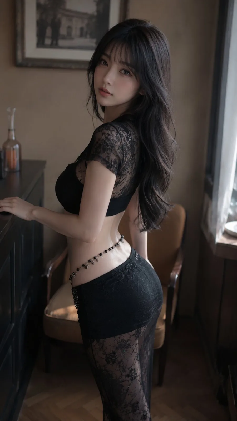 Vintage indoor black lace fashion east asian woman portrait — After
