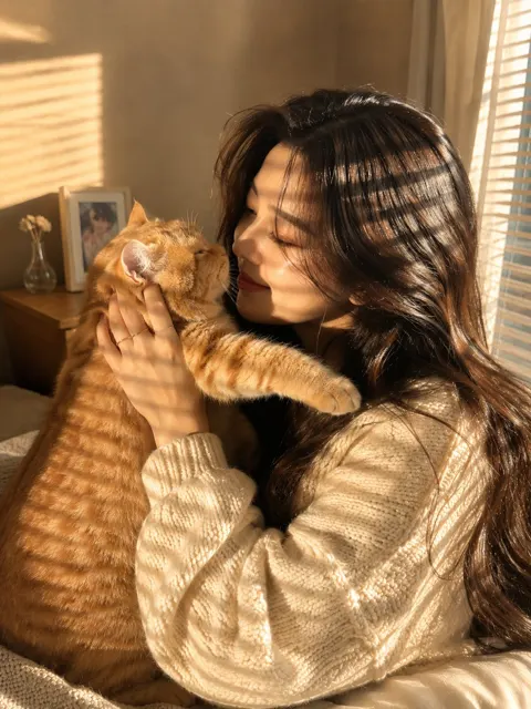 Cozy winter lifestyle portrait woman and orange cat