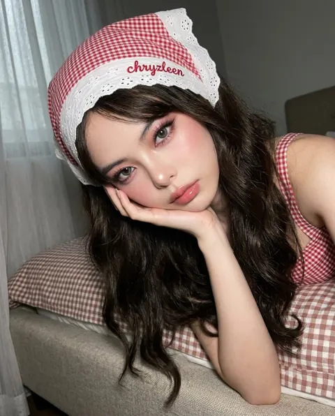 Y2k bedroom portrait red gingham low angle