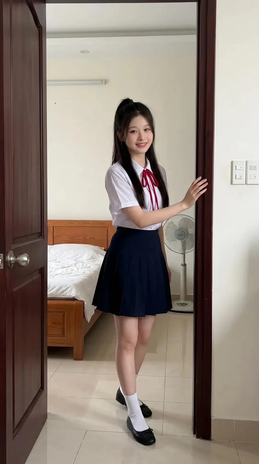 Ultra realistic vietnamese bedroom schoolgirl smartphone photo — After