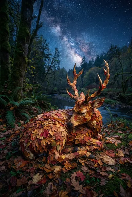 Starry moonlit autumn leaf deer