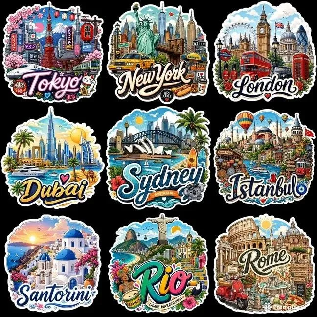 Premium 3x3 travel sticker sheet global cities — After