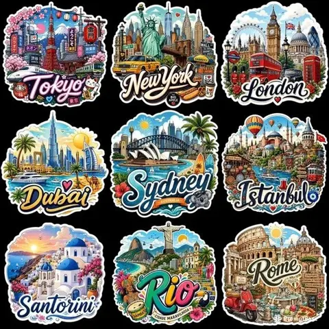 Premium 3x3 travel sticker sheet global cities