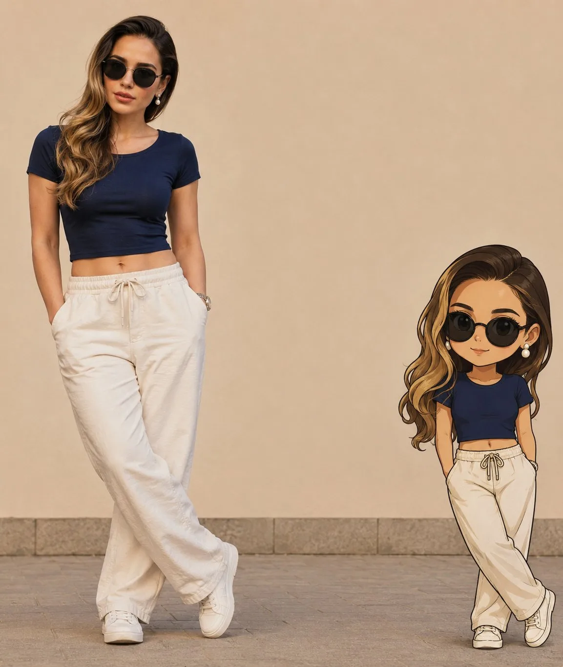 Real person and chibi avatar side by side — Sonra