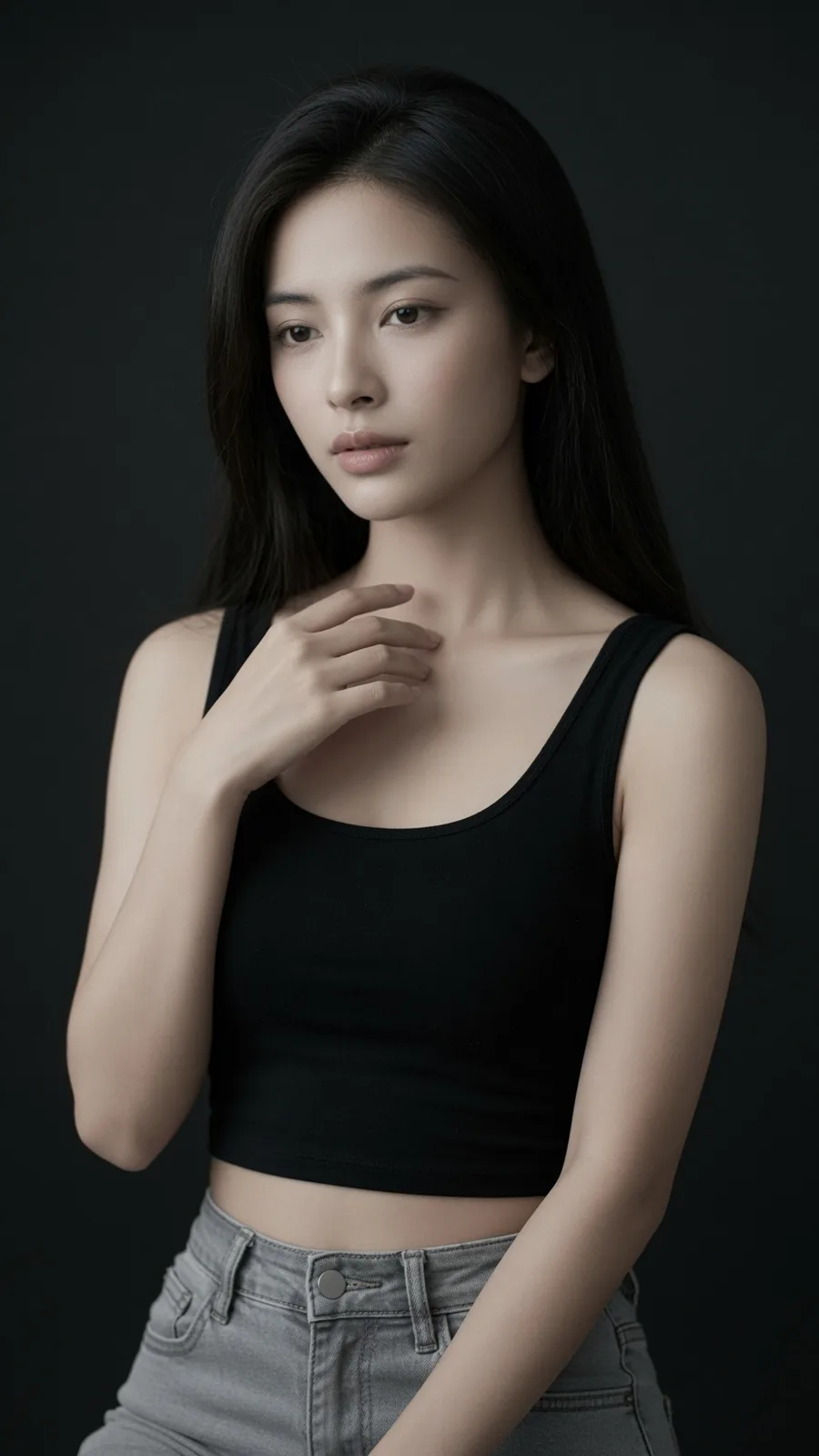 East asian woman black tank top studio portrait — Sonra