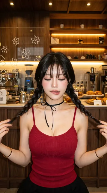 Cozy cafe portrait kawaii soft girl y2k aesthetic