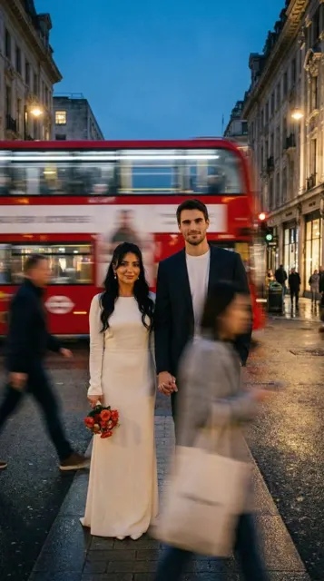 Dusk red bus serene lovers