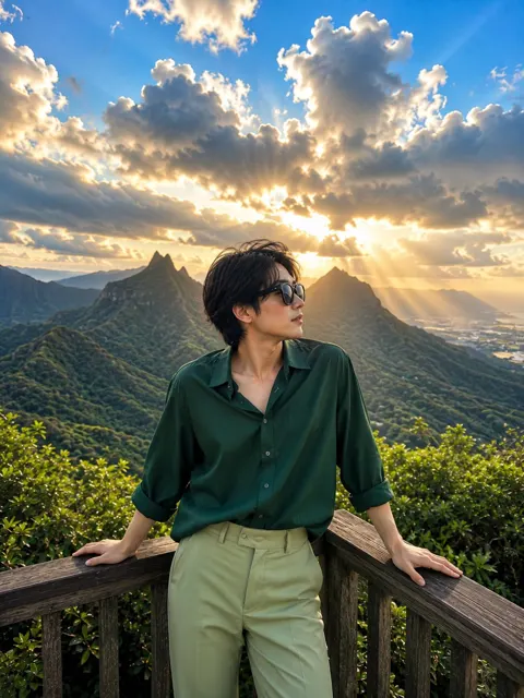 Cinematic travel portrait japanese woman mountain viewpoint