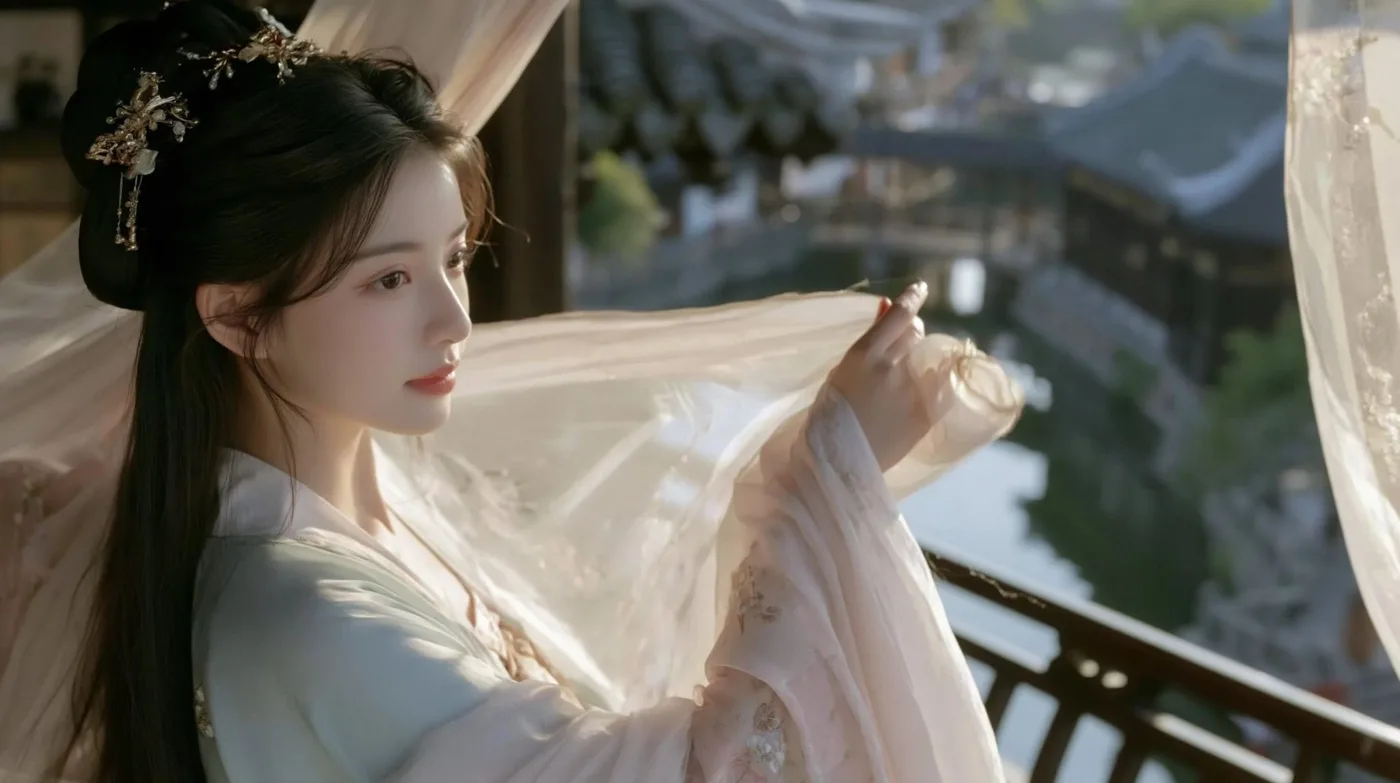 Song dynasty girl waterfront pavilion cinematic still — Sonra