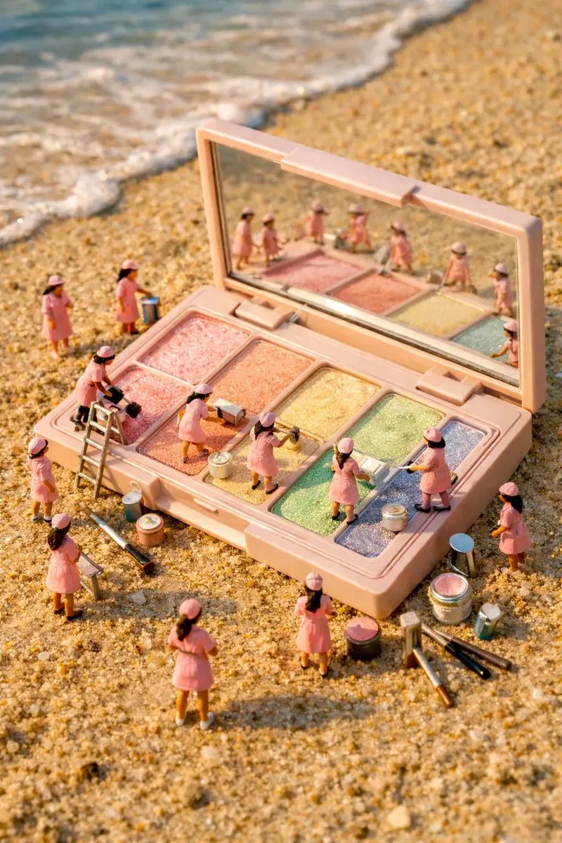 Tiny workers painting color blocks — After