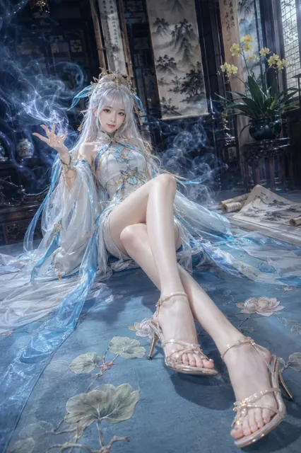 Silver haired xianxia woman fantasy photography