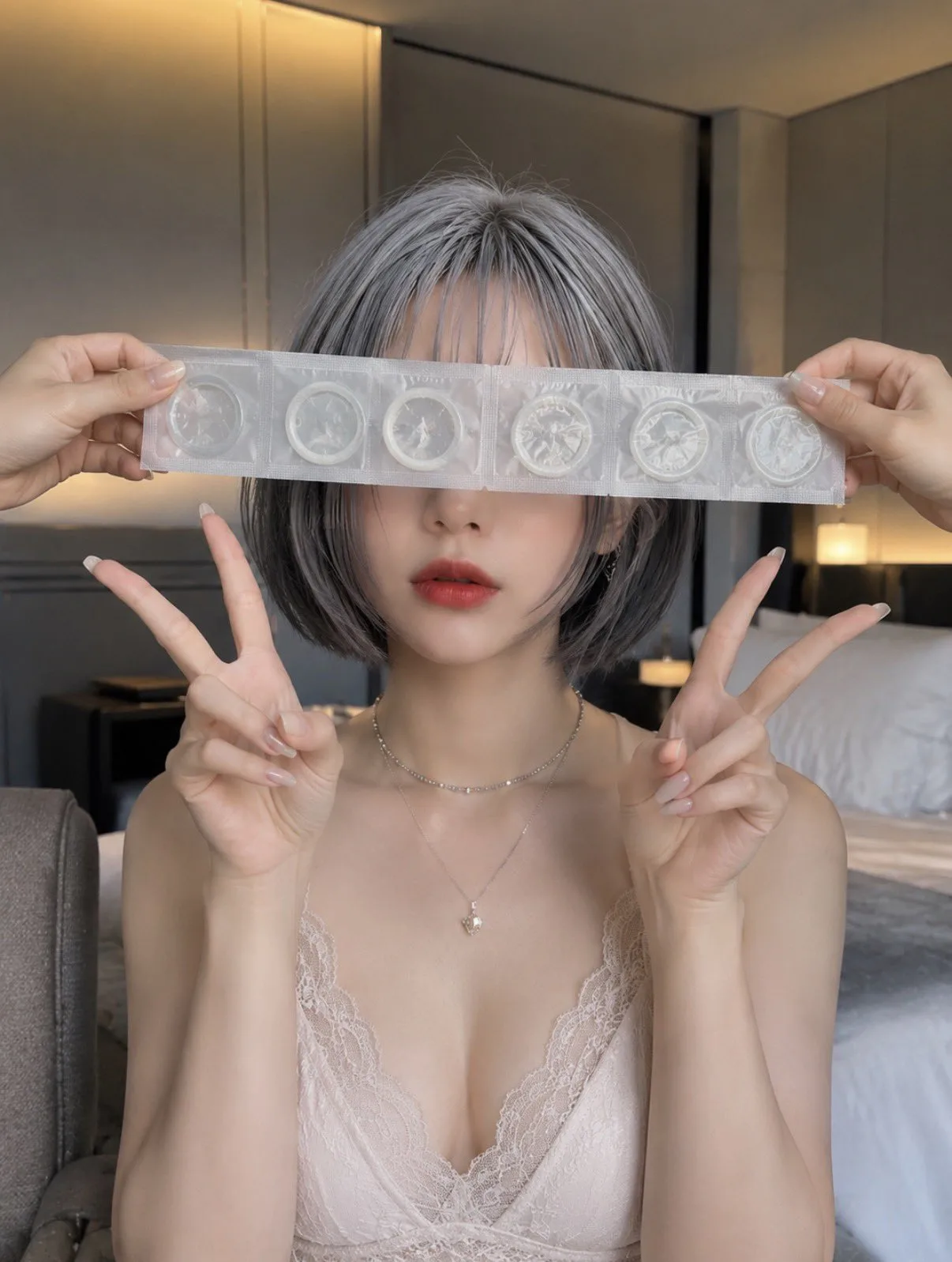 Hotel room peach john style six hands covering eyes — Sonra