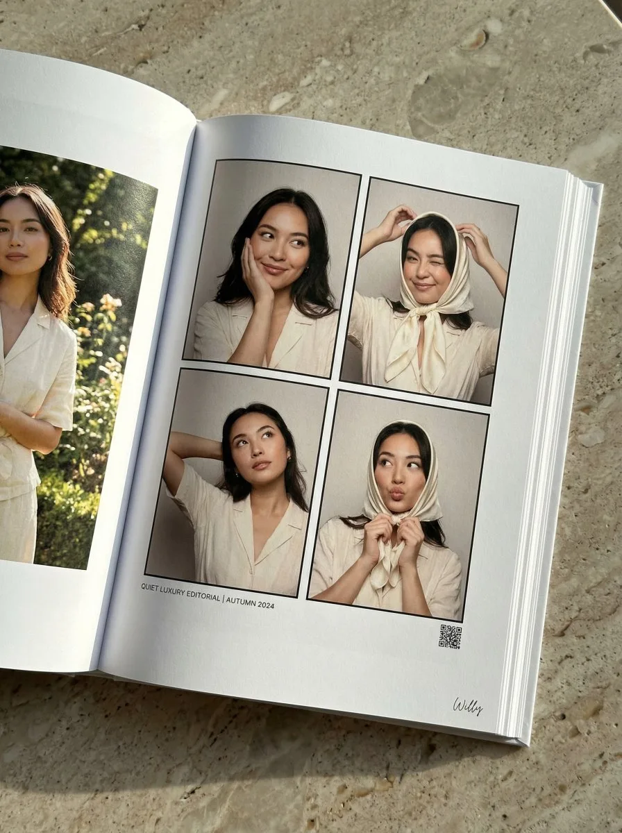 Quiet luxury scarf photobook spread — Sonra