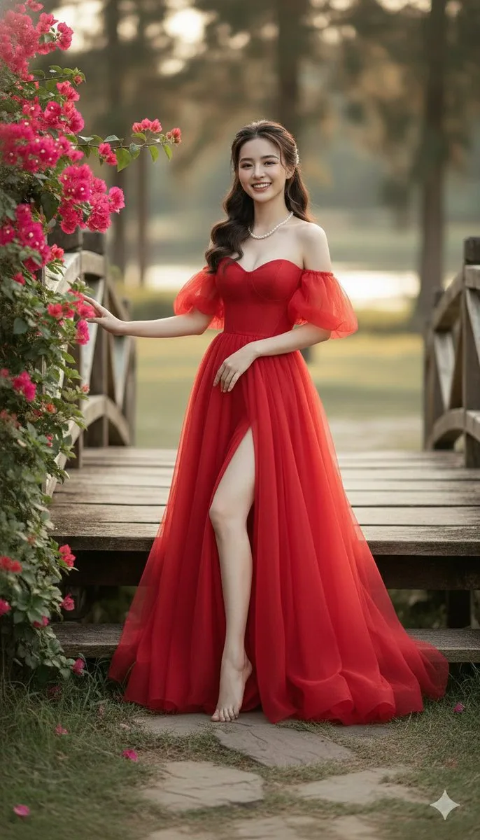 Golden hour red dress forest portrait — Sonra