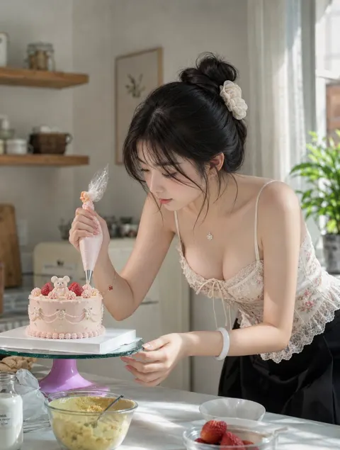 Japanese girl decorating strawberry bear cake