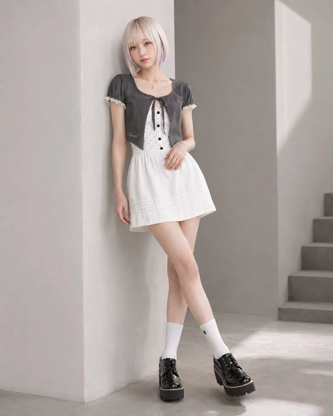 Charcoal bolero white polka dot dress ensemble — Sonra