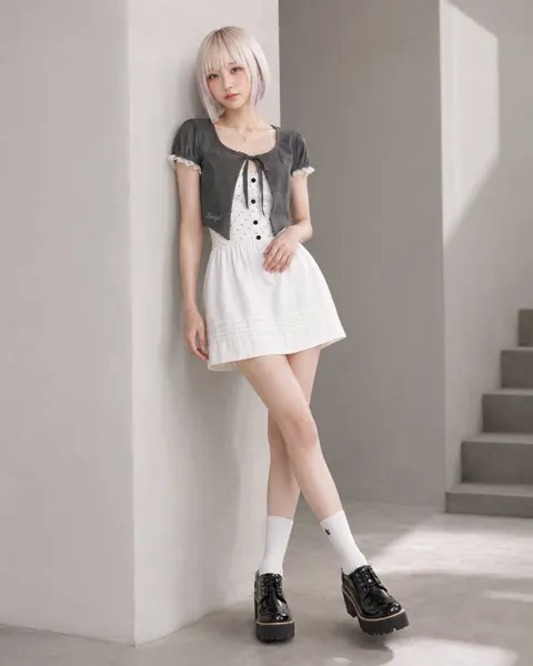 Charcoal bolero white polka dot dress ensemble