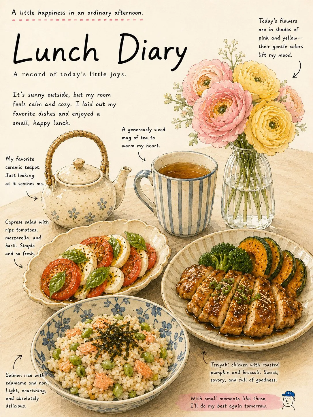 Cozy japanese watercolor lunch diary illustration — Sonra