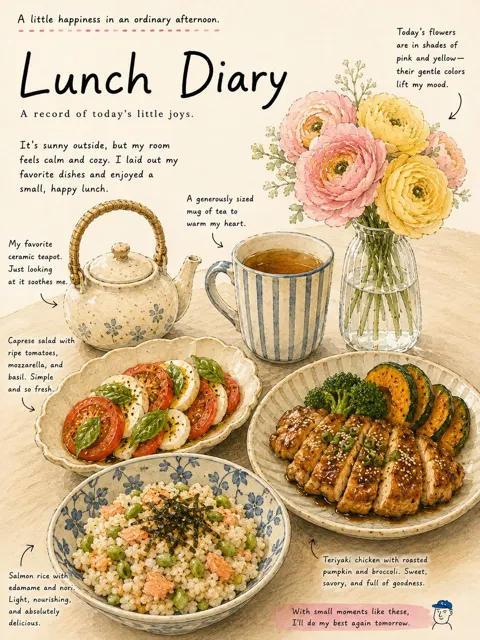 Cozy japanese watercolor lunch diary illustration