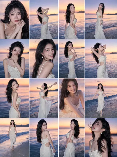 Sunset beach portrait grid east asian woman