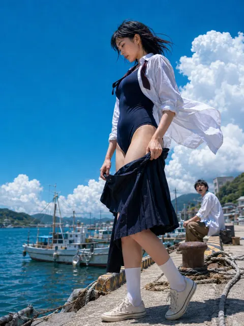 Sea breeze harbor stroll realistic portrait