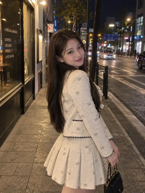 Photorealistic night city street portrait young woman