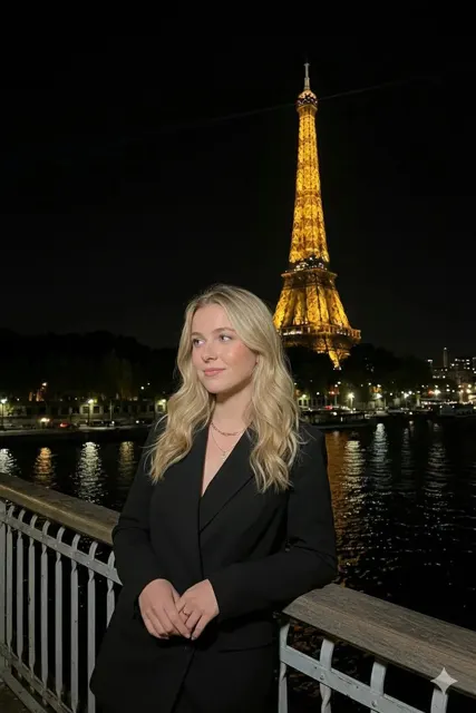 Paris night eiffel tower blonde blazer portrait
