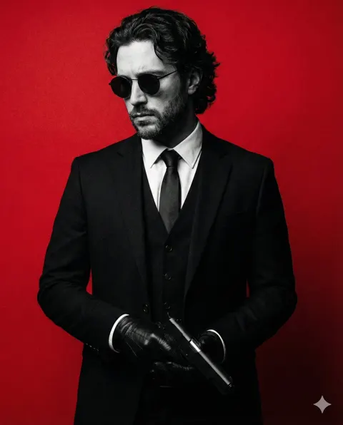 Gun holding antihero red black