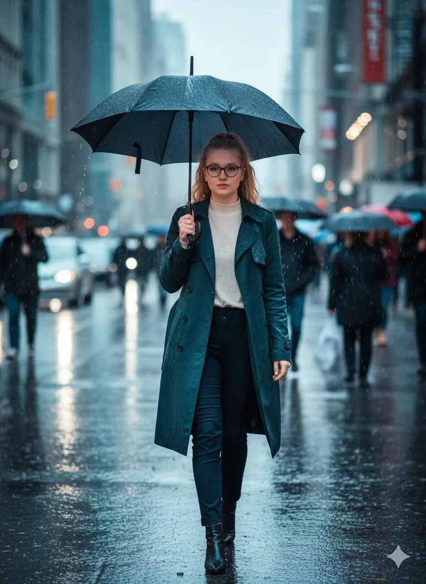 Elegant figure in busy rainy street — After