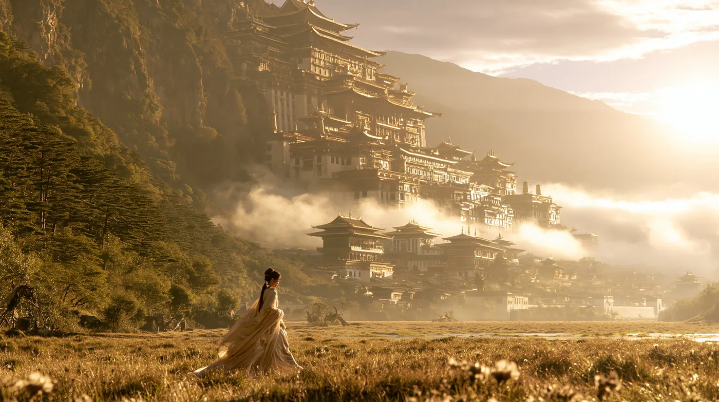 Ivory robe woman valley chinese palace extreme long shot — After