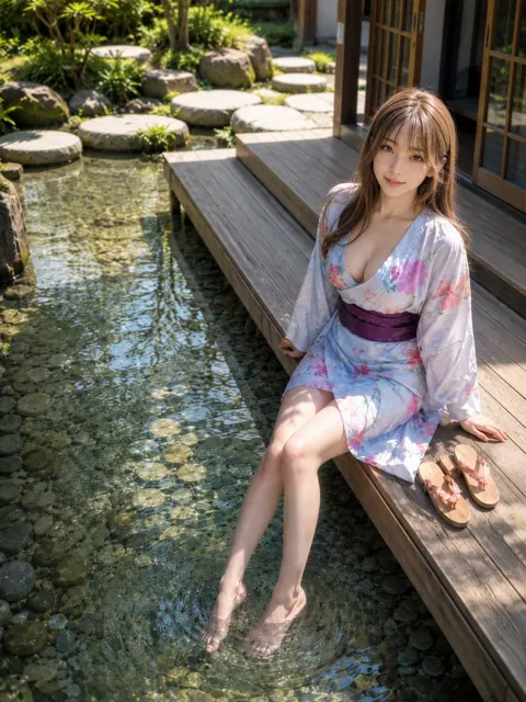Summer japanese garden veranda woman water ripples