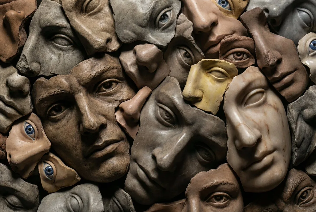 Hyperrealistic fragmented face sculpture — After