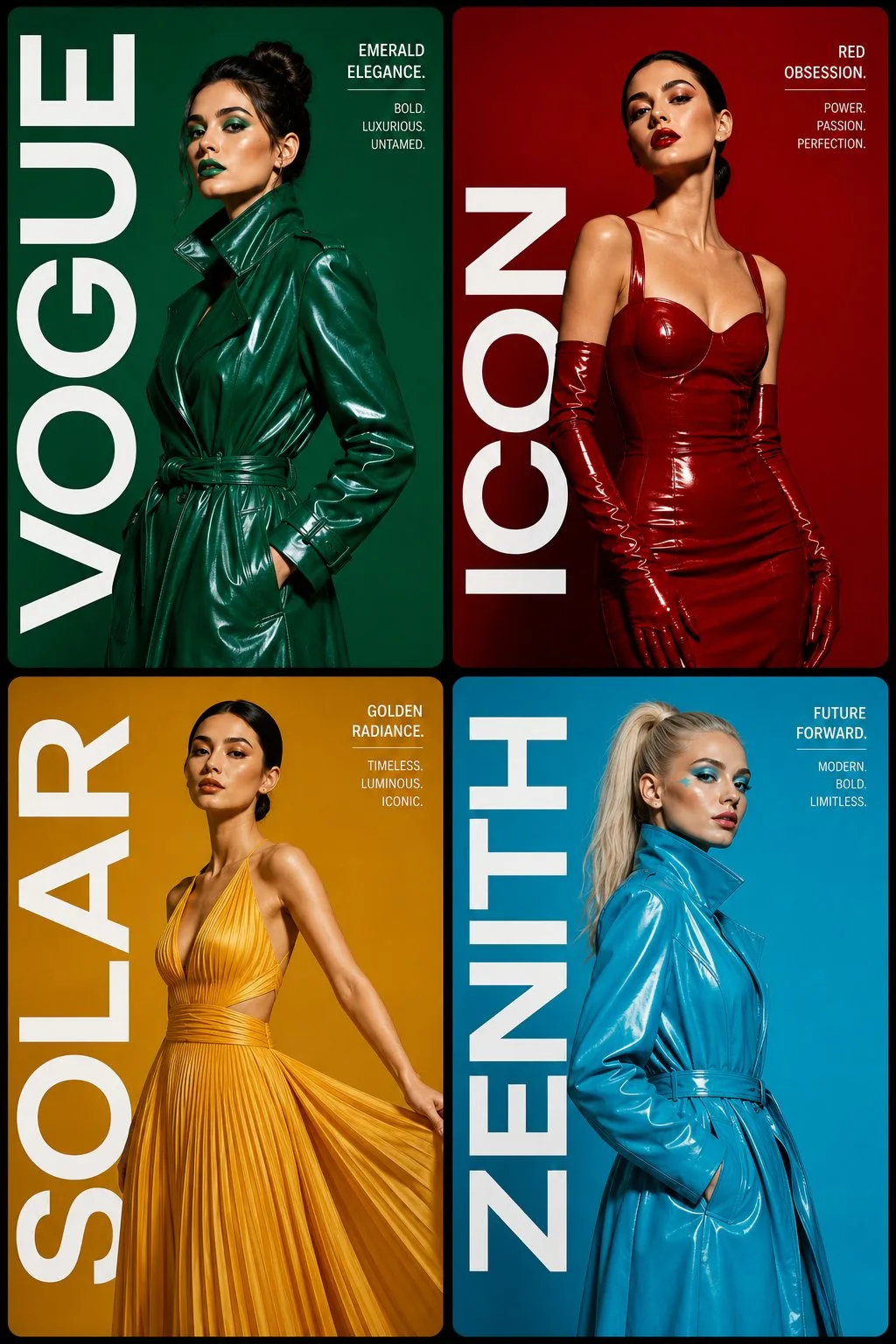 Premium editorial fashion magazine 2x2 grid layout — Sonra