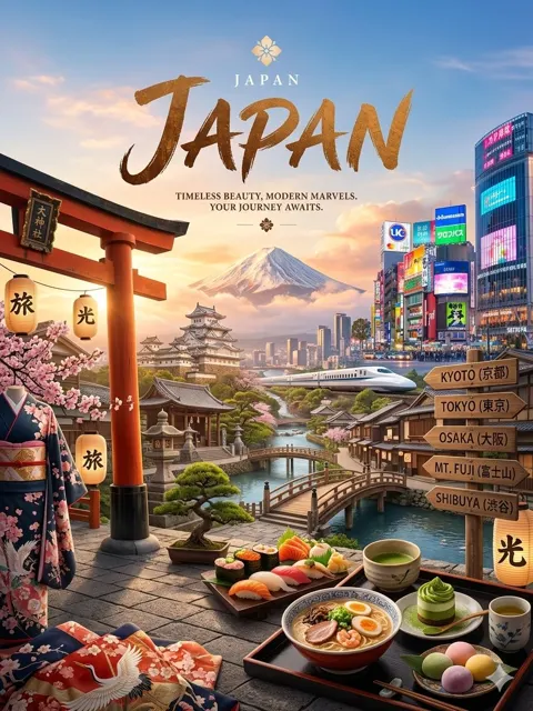 Traditional futuristic japan travel poster