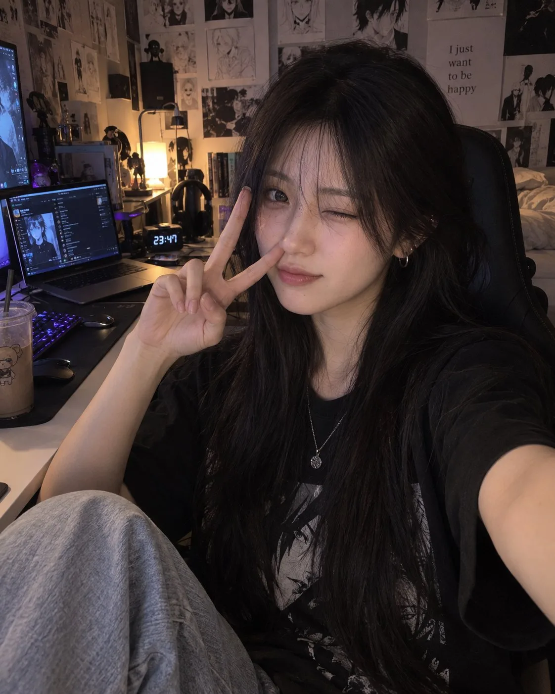 Ultra realistic nighttime bedroom gamer girl selfie — After